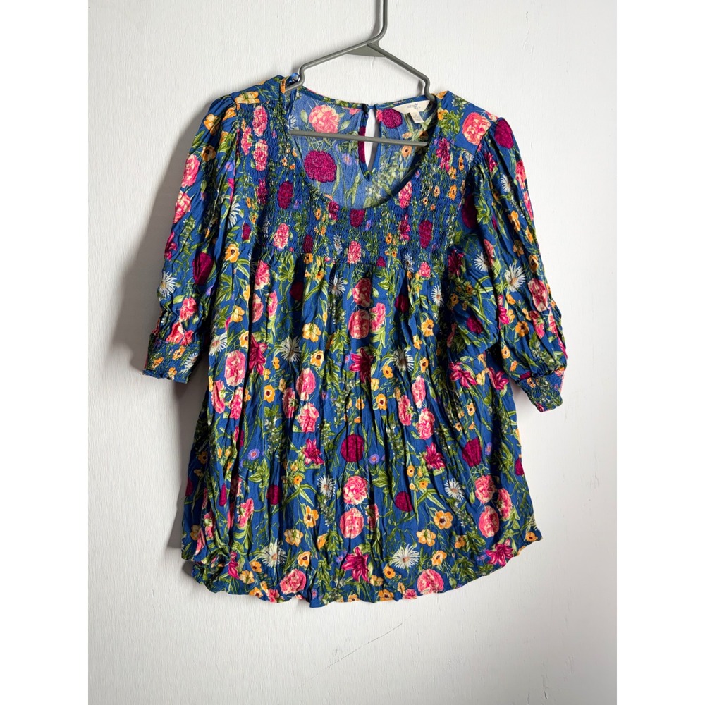 Terra & Sky Blue Floral Smocked Blouse Plus Size 2X 20W 22W Boho Babydoll Top